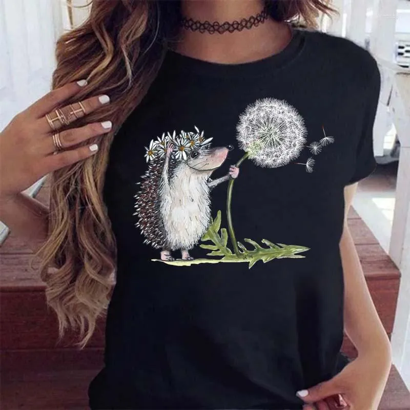 T-shirts pour femmes été décontracté manches courtes T-shirts hauts Kawaii femmes T-shirt Streetwear mignon T-shirt femme hérisson pissenlit imprimer