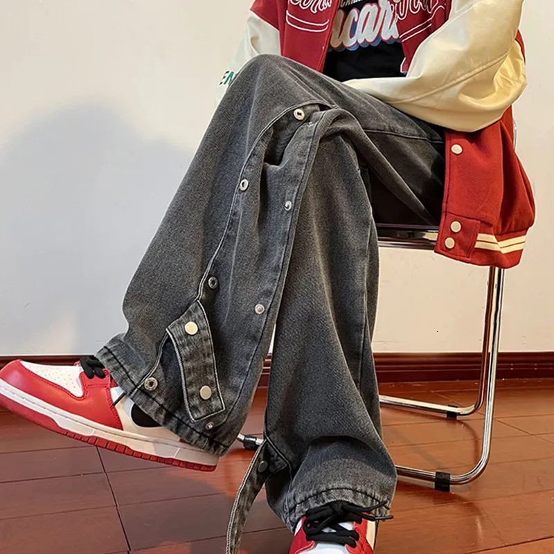 Męskie dżinsy houzhou vintage w trudnej sytuacji dżinsowe spodnie boczne Buci Button Men Black Denim Spodni Męskie luźne luźne japońskie japońskie streetwear Hip Hop 230329