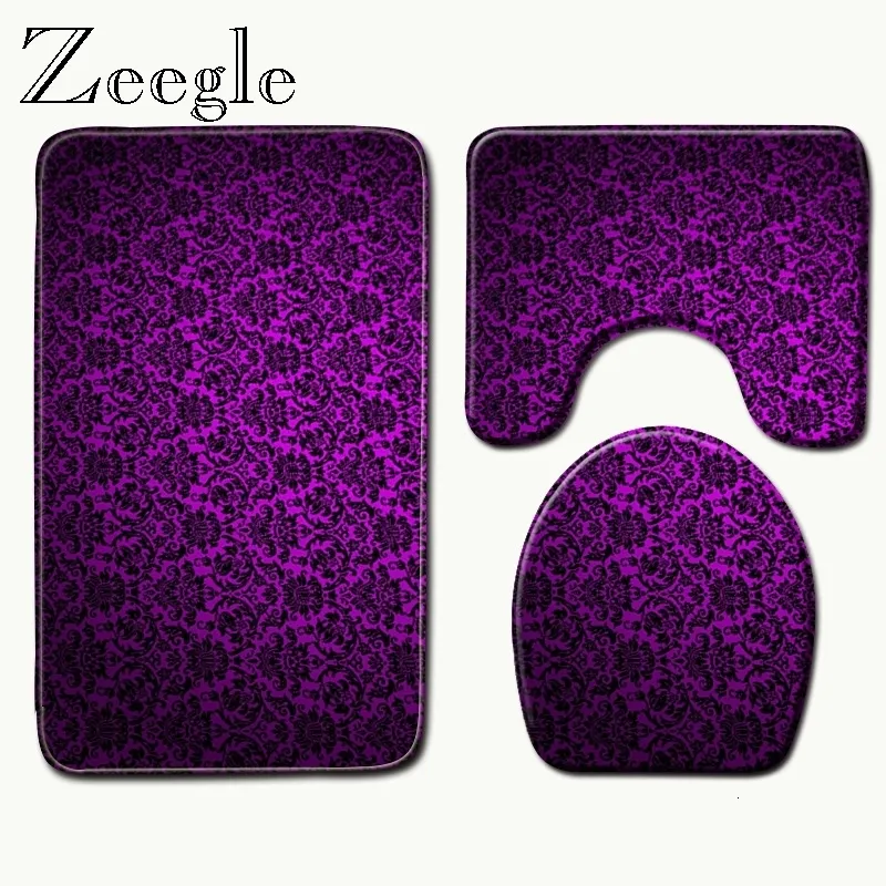 Zeegle Bathroom Carpet Set Anti Slip Set Carpet Purple Rugs Pedestal Rug Toilet Seat Cover Rug Washable Bath Floor Mat