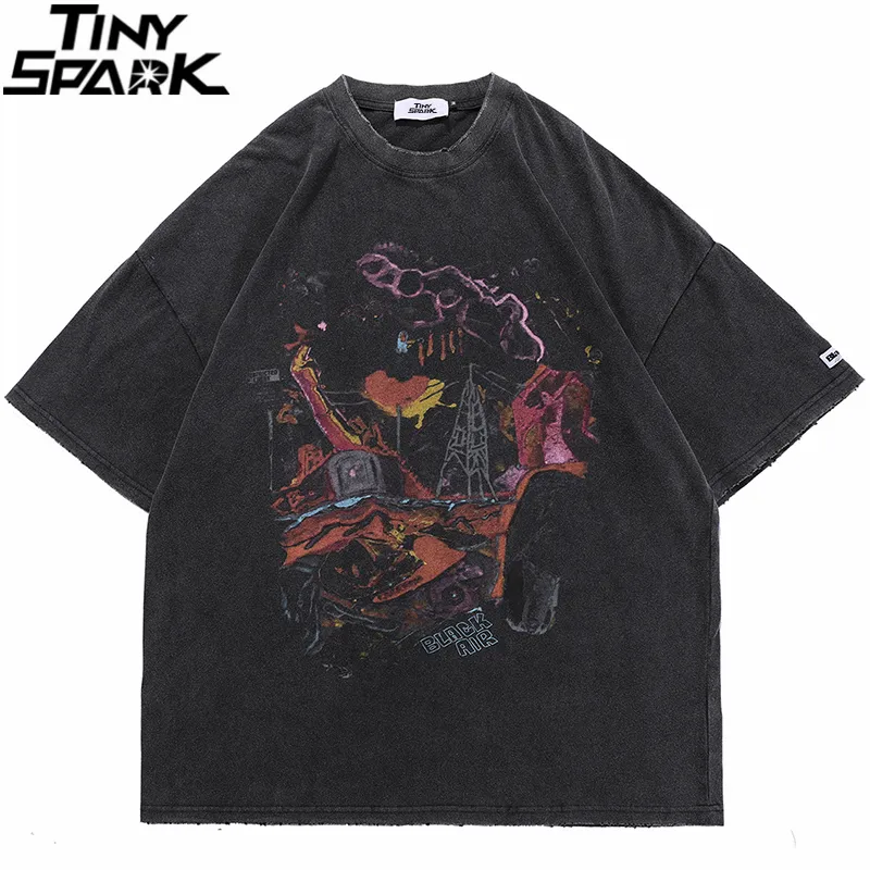 Men's T-Shirts Hip Hop Oversize Washed T-Shirt Streetwear Harajuku Ripped Graphic Printed T Shirt Men Spring Summer Short Sleeve Tshirt 230328