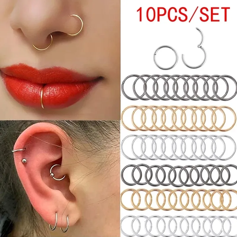 Nose Rings Studs 510Pcs Nose Rings Septum Piercing Clicker Nose Hoops Piercings Hinged Segment Rings Helix Piercing Unisex Body Jewelry 230328