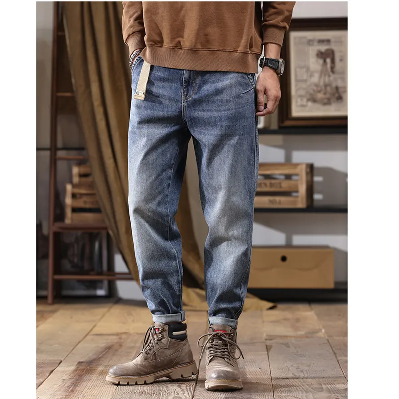 Herr jeans streetwear män mönster fritids vintage nostalgia blå jeans rak cylinder lösa byxor höst och vinter kvinnlig 230329