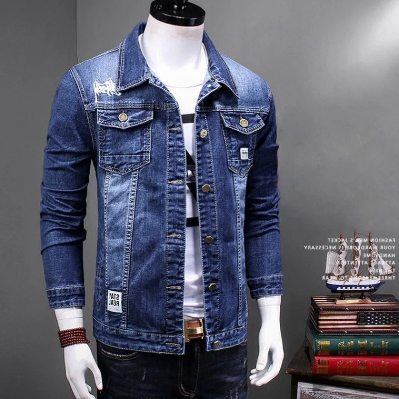 Herenjacks groothandel grensoverschrijdende denim jas mannen lente herfst herfst eenvoudige denim jas heren lichtblauw gerafeld denim jas mannen 230329