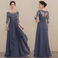 2022 Elegant Navy A-Line Scoop Neck Floor-Length Chiffon Lace Mother of the Bride Dresses With Cascading Ruffles Plus Size Mother 268m