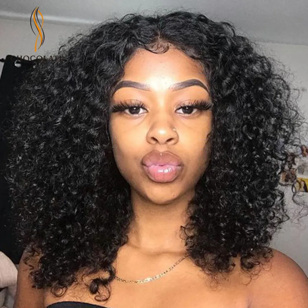 14 -calowe 150% kręcone koronkowe zamykanie ludzkie włosy peruki dla czarnych kobiet Perruque cheveux humain bresiliens Kinky Curly Human Hair HD płynna koronkowa peruka przednia