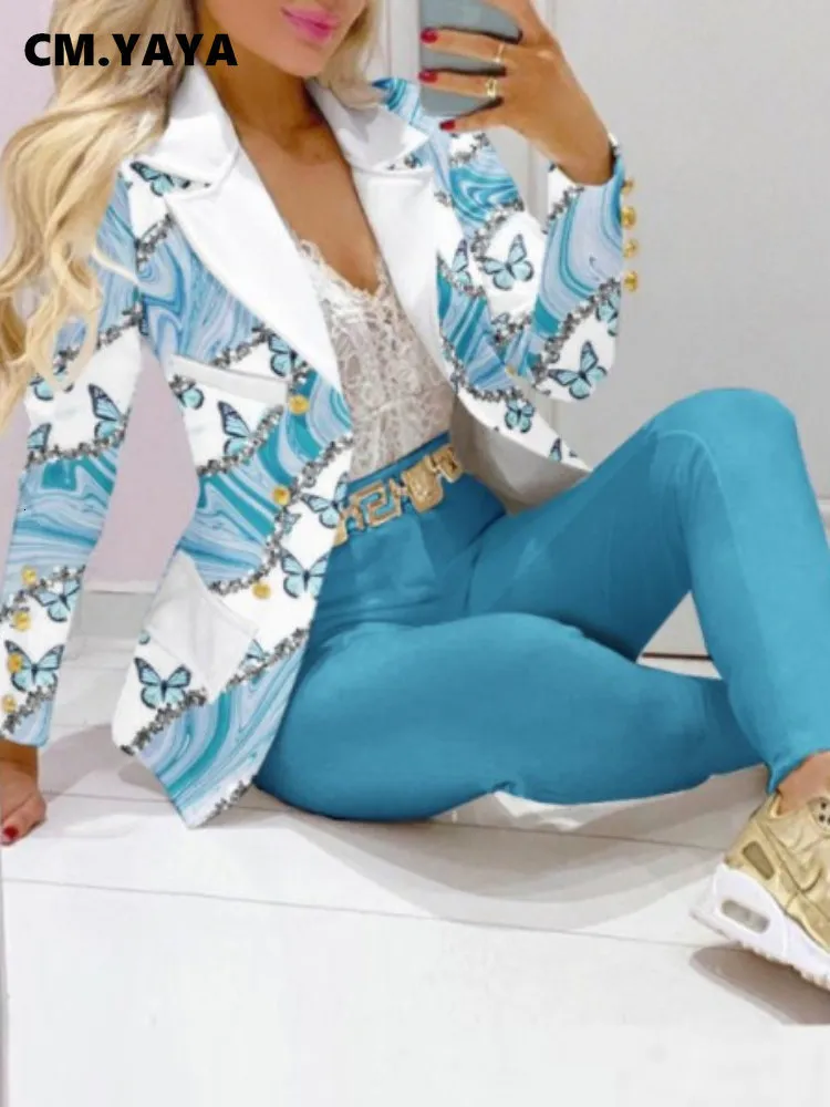 Women's Suits Blazers CM. YAYAYA Elegant INS Paisley Butterfly Jacket Set and Pants Two Piece Autumn Winter Street Clothing 230329