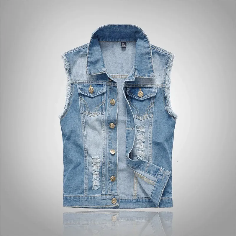 Men's Vests Ripped Jean Jacket Men's Denim Vest Hip Hop Jean Coats Waistcoat Men Cowboy Brand Sleeveless Jacket Male Tank Plus Size 6XL 230329