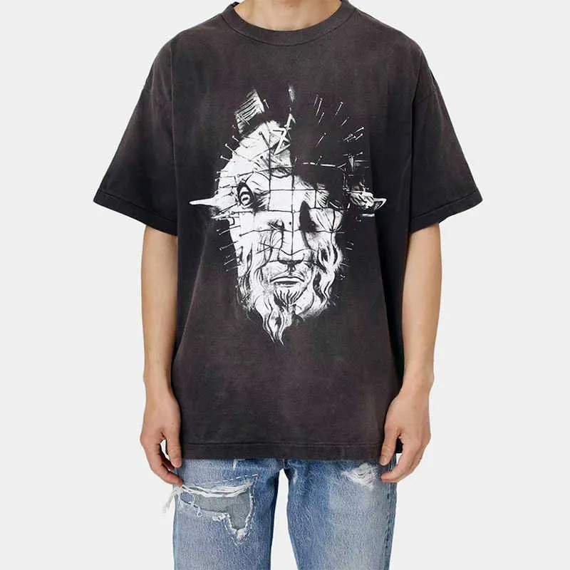 Designer Fashion T Shirt Saint Michael Sign Washed Old Goat Print American High Street Vintage Kort ärm T-shirt för män och kvinnor