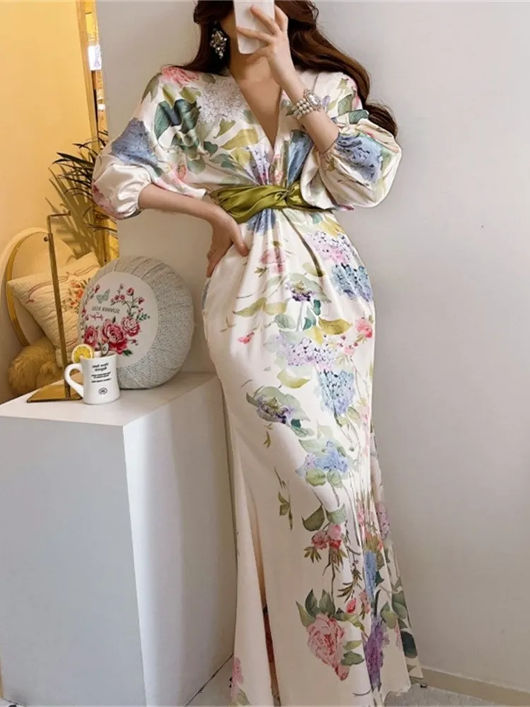 Robes Décontractées Printemps Japon Style Élégant Floral Robe Midi Femmes Vintage Chic Moulante Fête D'anniversaire Robes Femme Mode One Pieces Robe 230329