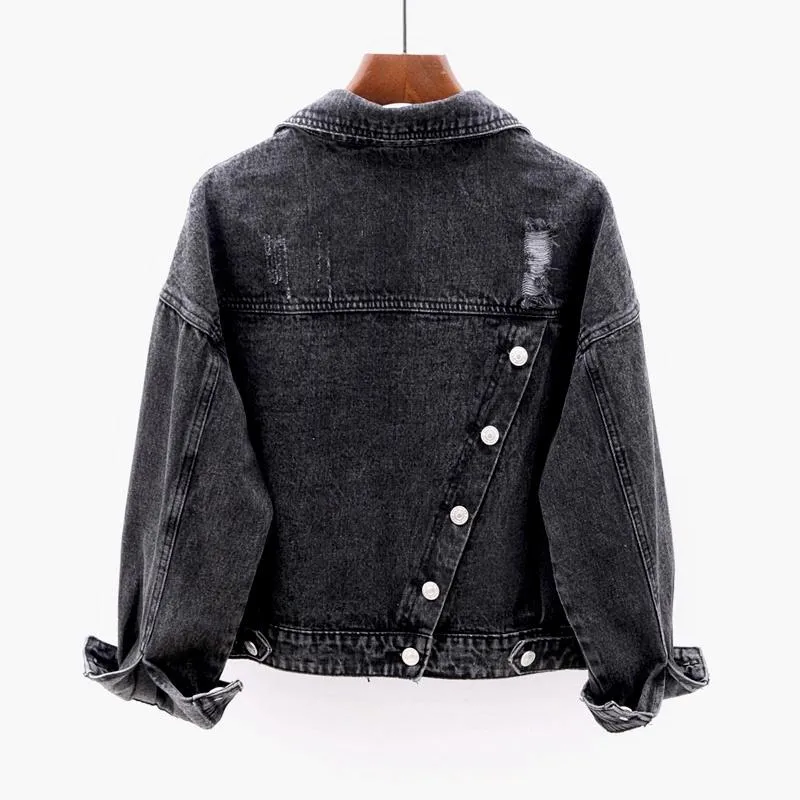 Women's Jackets Big Vintage Pocket Frayed Black Denim Women Coat Streetwear Autumn Korean Loose Short Jeans Jacket Female Chaqueta MujerWome