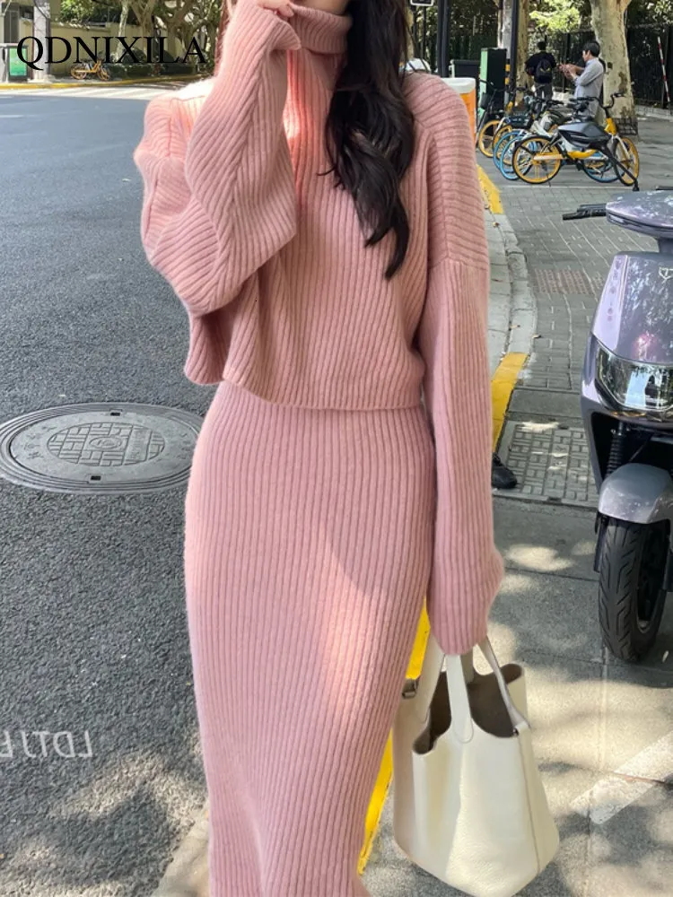 Two Piece Dress Autumn Winter Knitted Dress Sweaters Pullover Korean Version Small Dress Ladies Suit Winter Sweater Skirt Two-piece 230329