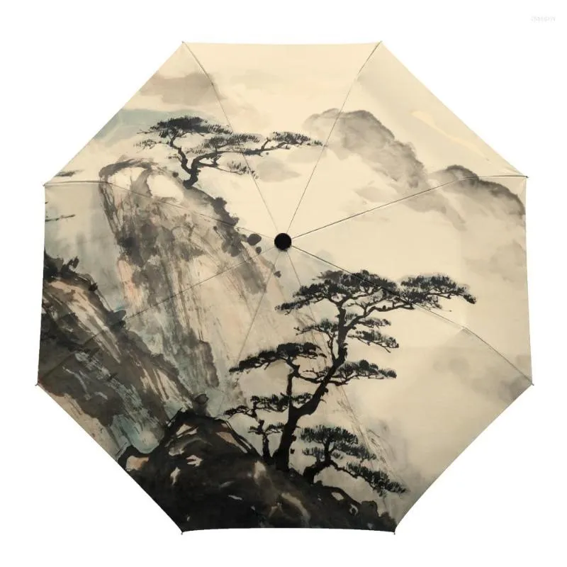 Parapluies paysage chinois style encre impression femmes hommes pluie parapluie trois pliant fille durable portable automatique cadeau parasol