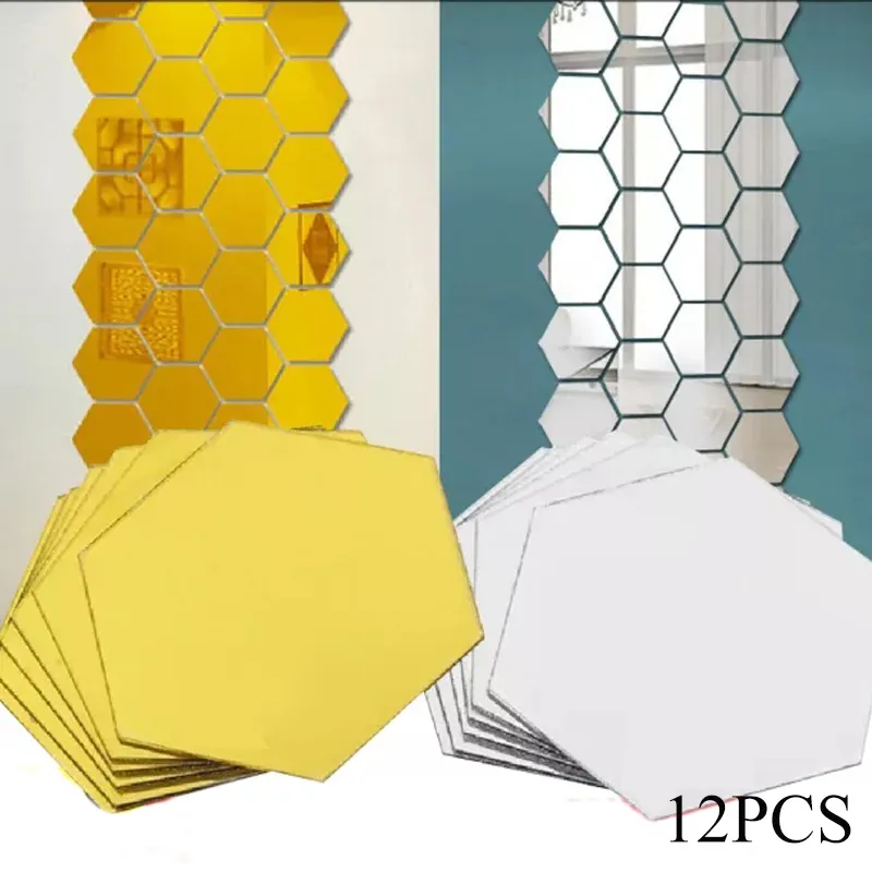 Duvar Çıkartmaları 12 PCS 3D Ayna Duvar Çıkarmaları Altıgen Şekiş Akrilik Çıkarılabilir Duvar Etiketi Çıkışı DIY Ev Dekorasyon Sanat Ayna Süsleri 230329