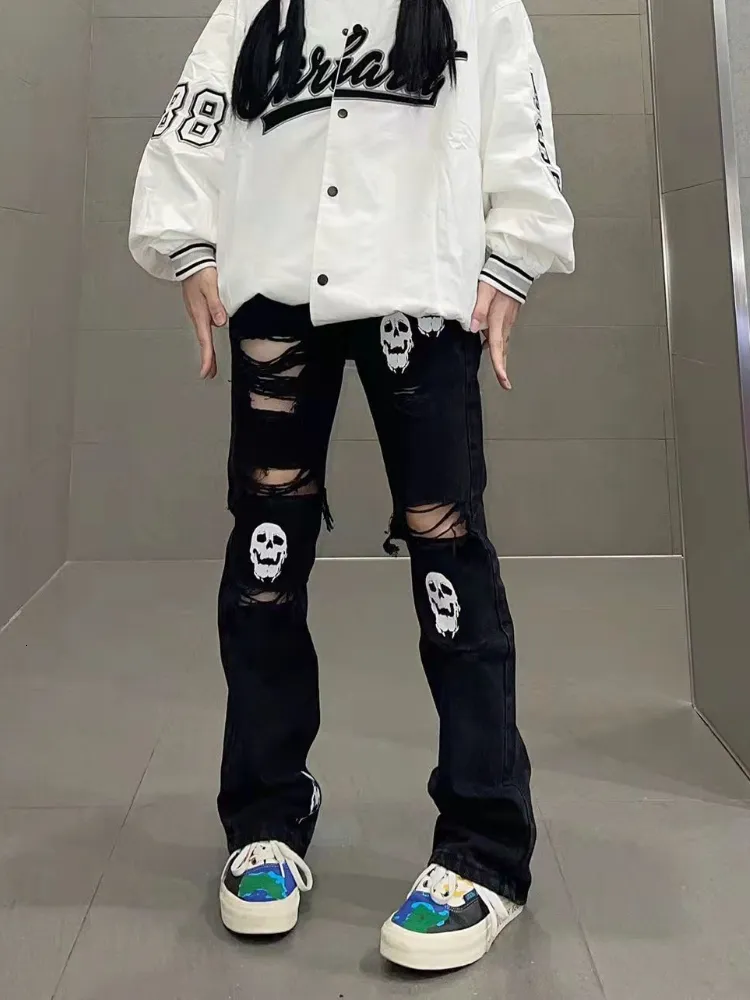 Womens Jeans Grunge Retro Black Pants Hollow Out 80s Aesthetic Vintage Gothic Streetwear Skull Blue Distressed Denim Trousers 230329