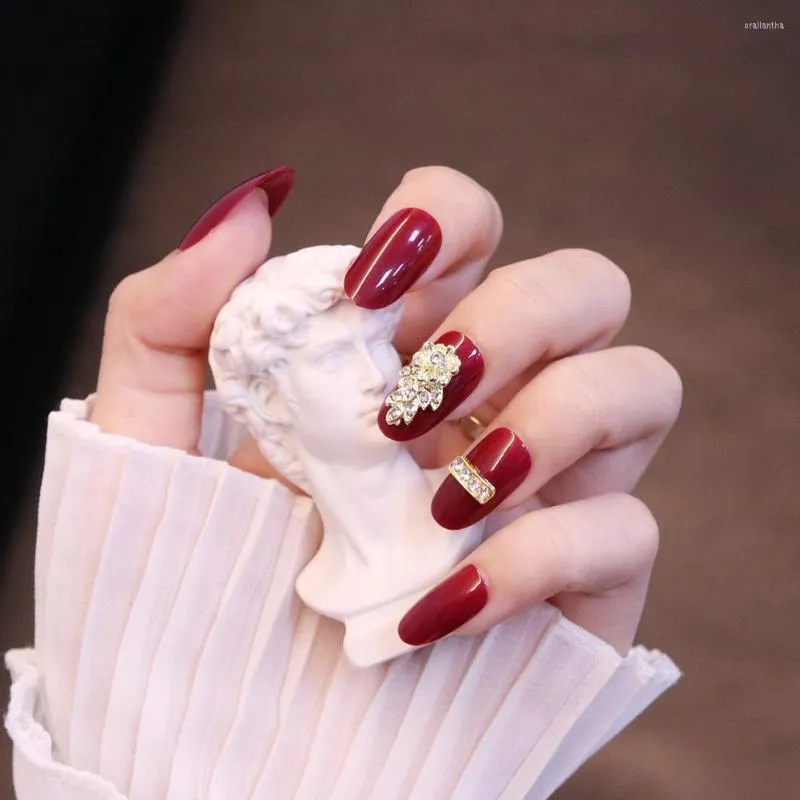 False Nails HEALLOR Fake Nail Full Cover Tips Wine Red Pointed Toe Long Style Artificial French With Jelly Gel/Glue MH88