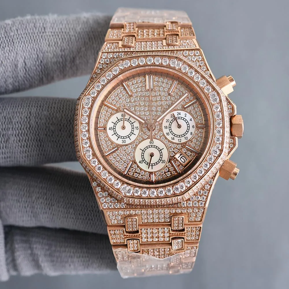 ダイヤモンドでいっぱいの手作りのメンズ輸入クォーツタイミングムーブメントウォッチ40mmでダイヤモンドがちりばめられたスチール904Lサファイア女性ビジネス腕時計