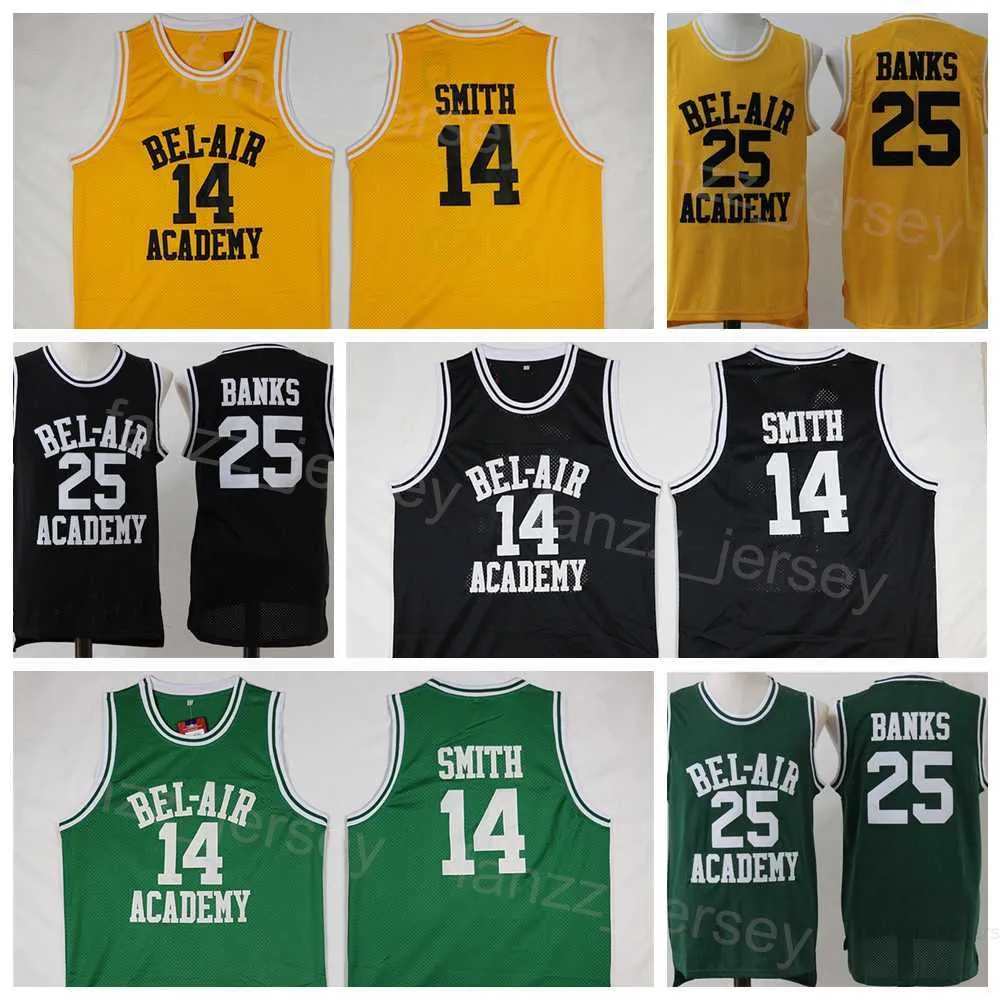 Film Basketball OF The Fresh Prince Jersey 14 Will Smith 25 Carlton Banks OF BEL-AIR Basketball BEL AIR Academy Chemise jaune Noir Vert (TV Sitcom) Stitched Man NCAA