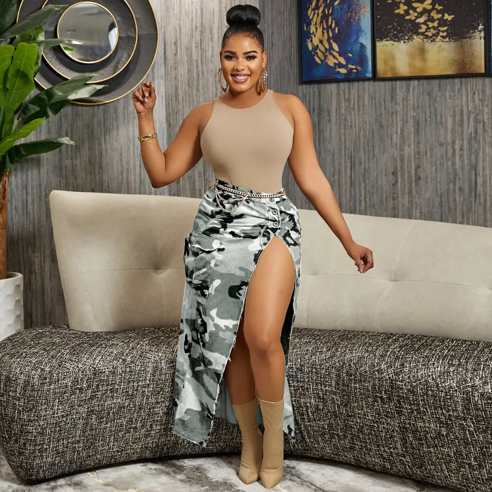 Camo Skirt Women High Waist Split Ankle Length Cargo Skirt Spring