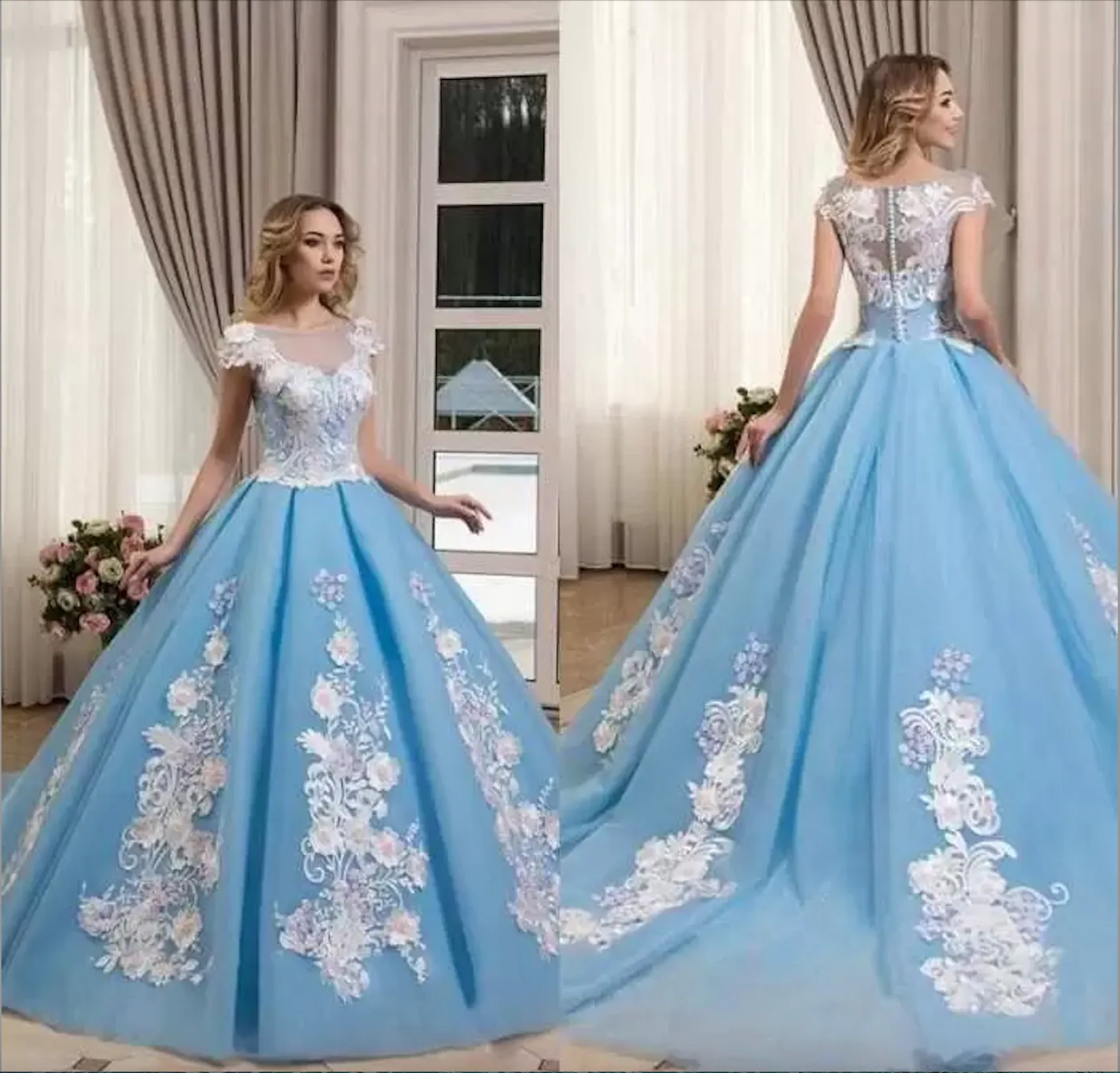 Princess Ball Gown Prom Quinceanera Dresses Light Blue Sheer Neck Lace Appliqued Flower Evening Gowns Pageant Dress robes de soiree