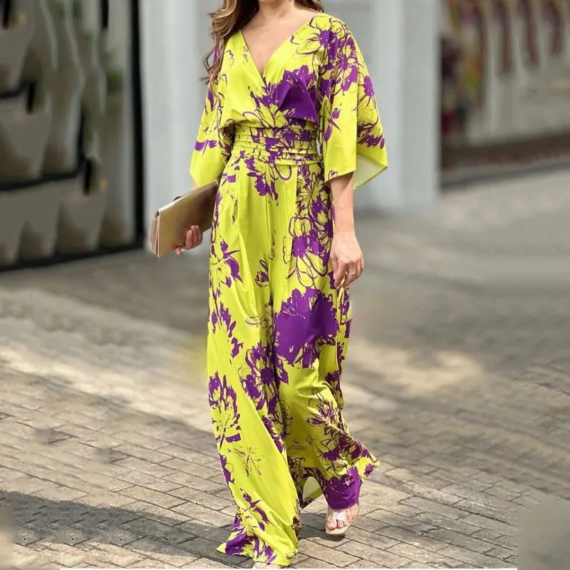 Kvinnors jumpsuits Rompers Liyong Women's Bodysuit Summer Short Sleeve Bat Sleeve V-Neck stropplös midja Löst breda ben Casual Pants Jumpsuit 230329