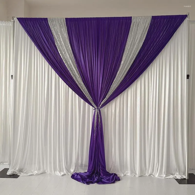 Décoration de fête 2023 arrivée blanc rideau violet glace soie argent paillettes drapé toile de fond mariage anniversaire