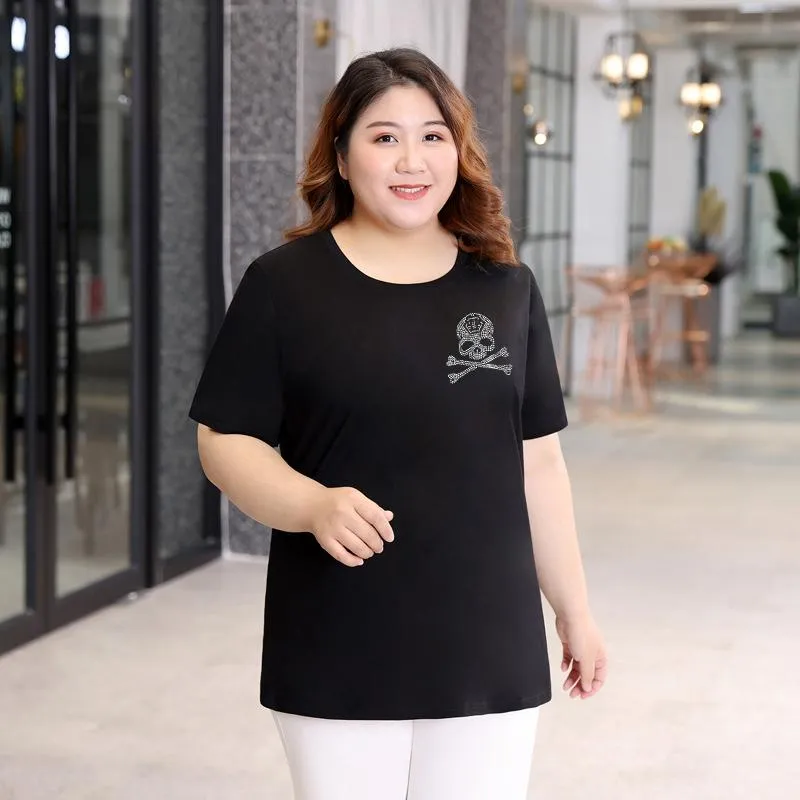 Shirt plus size zomer losse korte mouw voor dames straat punk casual persoonlijkheid kleur diamanten schedelpatroon vrouwelijke tops