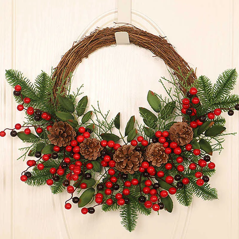 Decorative Flowers Wreaths Christmas Rattan Pine Natural Branches Berries Cones Supplies Home Door Decoration For New Year's P230310