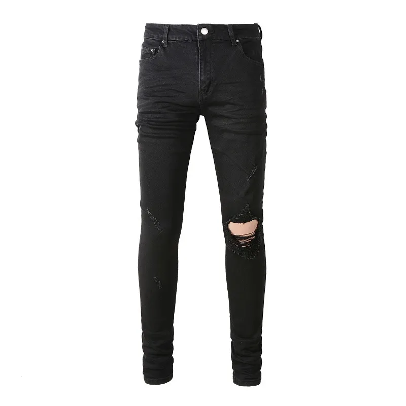 Men's Jeans Men Classic Black Jeans Stretch Denim Holes Ripped Skinny Pants Streetwear Tapered Trousers High Quality 230329