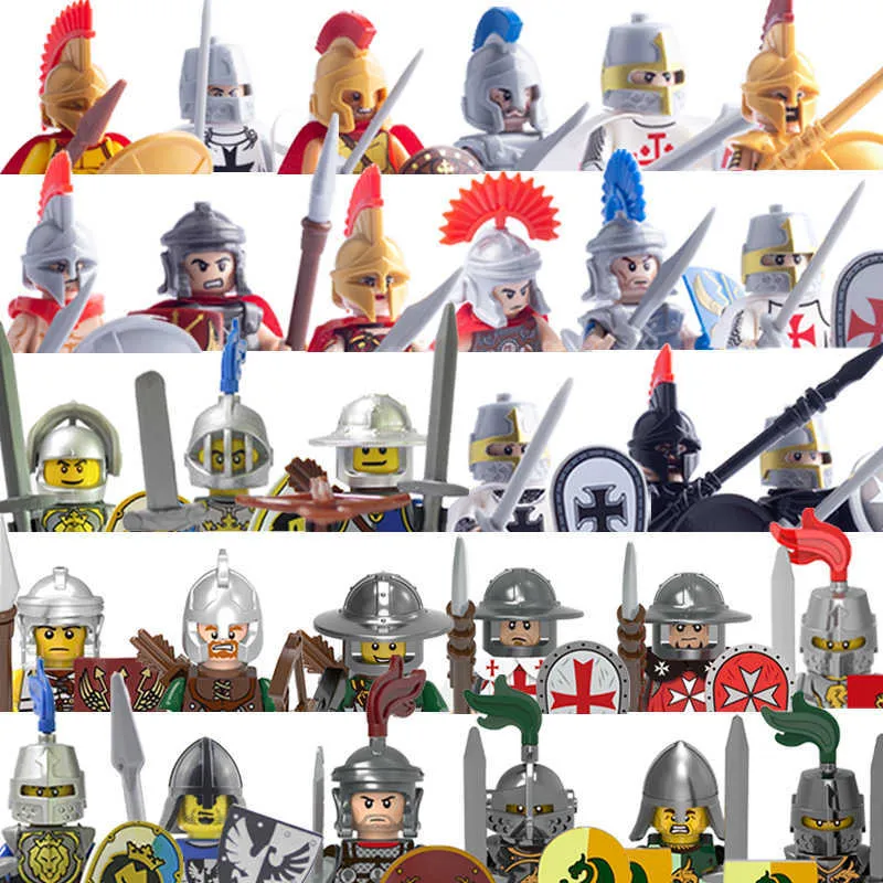 Minifig Medieval Militar Soldados Romanos Conjuntos de Blocos de Construção Castelo Cavaleiros Armas Espada Capacetes Guerra Guerreiro Tijolos Brinquedos W0329