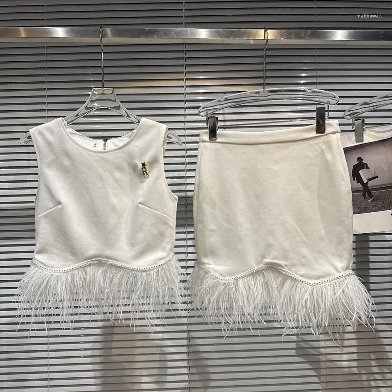 Work Dresses PREPOMP Summer Sleeveless Rhinestone Chain Pin Feathers Tank Top Vest Short Bodycon Skirt Two Piece Set Women Outfits GH692