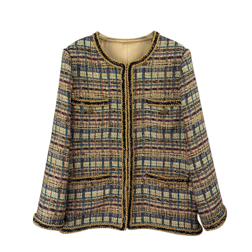 Spring Gold Plaid Contrast Trim Tweed Jacket lange mouw ronde nek zakken klassieke jassen jas kort uitklapen A2N086445