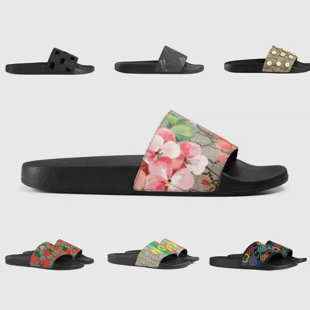 Designer Slides Tofflor Herr Dam Sandaler Blomma Röd Grön Blå Dust Bag Skotryck Slide Sommar Strandmode Sneakers Bred Platt sko storlek 35-48