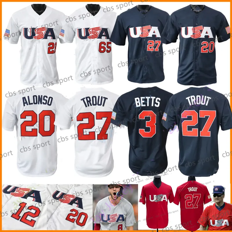 Camisa de beisebol da equipe dos EUA 2023 Mike Trout Custom Witt Jr. Nolan Arenado Cortes Clayton Kershaw Realmuto Mookie Betts Trea Turner Cedric Mullins Schwarber Alonso Smith