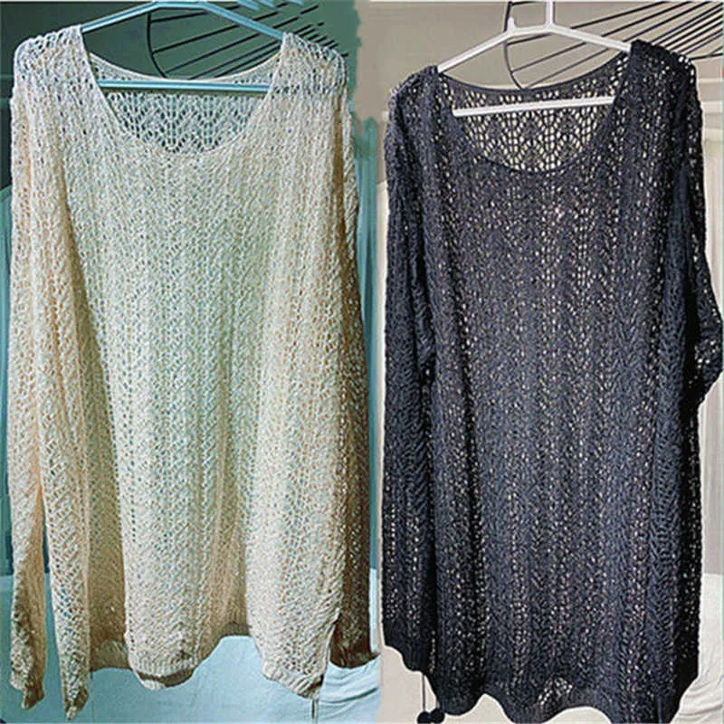 Dames T-shirt Women Plus Size 6XL Gebreide pullover uitgehold Koreaans chic t-shirt lange mouw o-neck tops zomer lichtgewicht zonnebrandcrème knitwear p230328