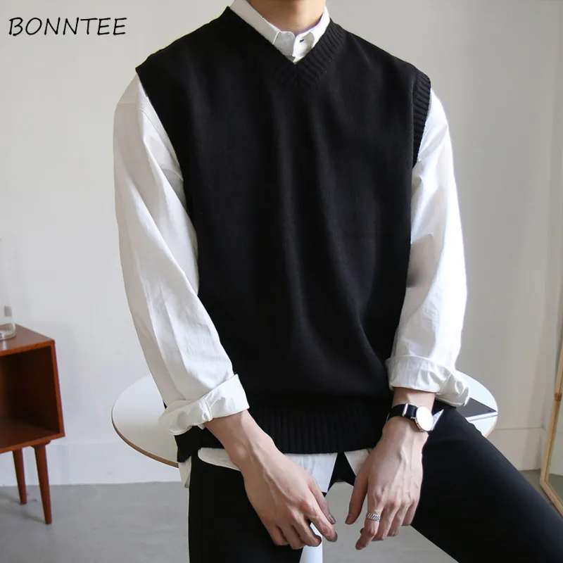 Men's Vests Sweater Vest Men Simple All-match V-neck Solid Sleeveless Male Tops Basic Cozy Korean Style Ins Leisure Knitted Plus Size M-3XL 230329