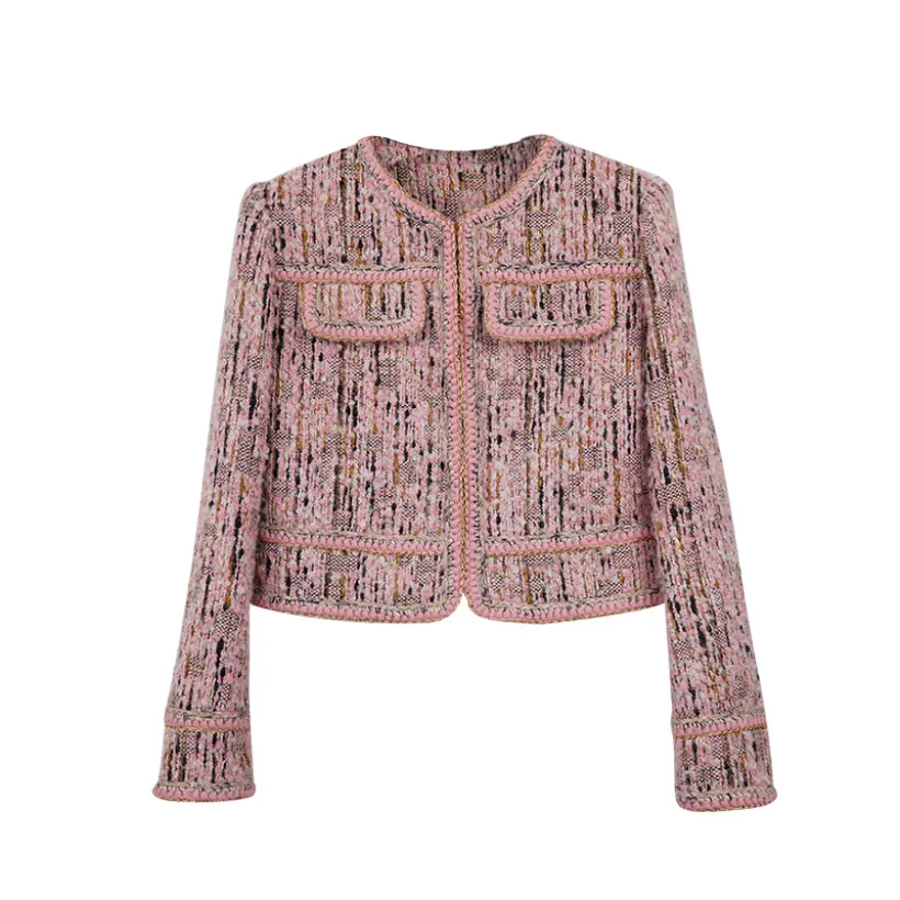 Spring Pink Contrast Trim Tweed Jacket de manga comprida no pescoço de painéis de painéis de casaco clássico casaco curto fora de roupa A2N086447