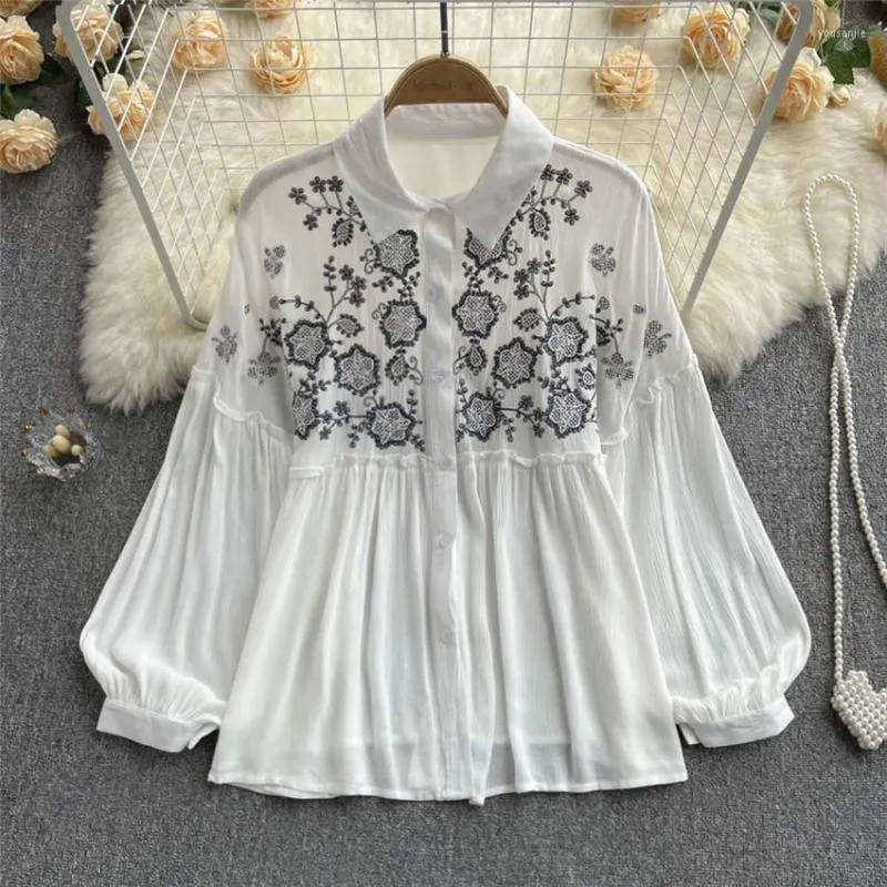 Blouses pour femmes 2023 mode bohème vêtements pour femmes hauts concepteur broderie florale Vintage longue chemise blanc Blusa Mujer