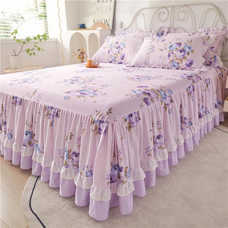 Kwiatowa spódnica łóżka 100% bawełniana łóżko królowa King rozmiar High End Ruffle Princess Home Home Mattress Cover Arkusz pościel: 1 łóżko z 2 poduszkami