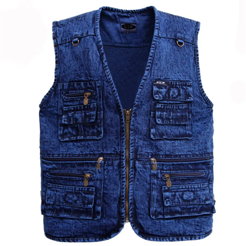 Men's Vests Men's vest Outerwear denim waistcoat deep blue color plus size sleeveless jacket Multi-pocket size XL to 5XL 230329