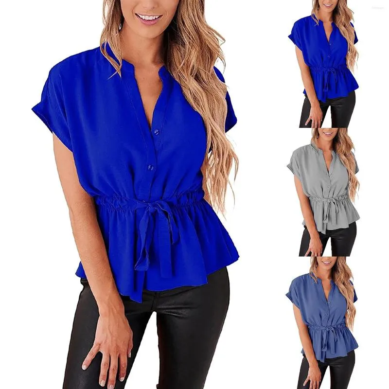 Damen Blusen Sexy Shirts Damen Sommer Volltonfarbe Stehkragen Plissee Schnürung Chiffon Fledermaus Kurzarm Leichte Tunika