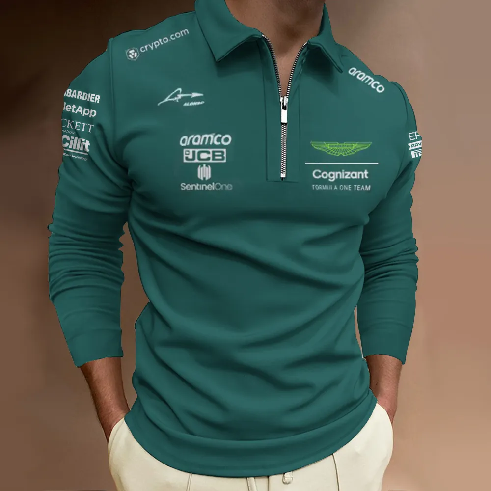 Mens Polos Aston Martin Team Green Longsleved Polo Spaans R groot formaat reverskleding 230328