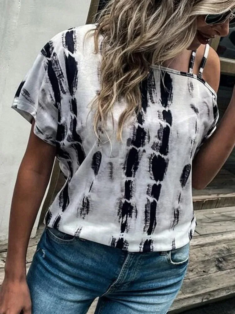 Women's Blouses Trendy Women Summer Casual Shirt Tie Dye One Sided Cold Shoulder Strappy Blouse Short Sleeve Tunic Tops Tees Streetwear