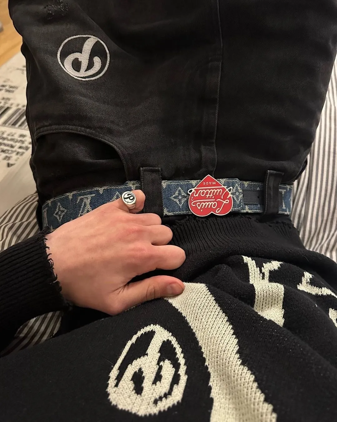 Street Retro Hip Hop Selvedge Jeans With Black Print