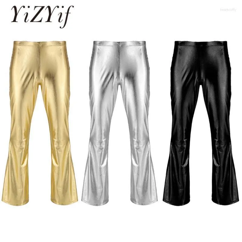 Мужские брюки yizyif Мужчины блестящие металлический диско -колокол дно расклешенно длинные брюки костюма.