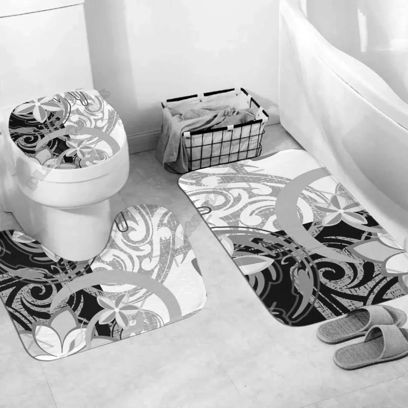 Toilet Seat Covers Polynesian Home Set - Floral Abstract Bathroom 3D Printed Pedestal Rug Lid Cover Bath Mat