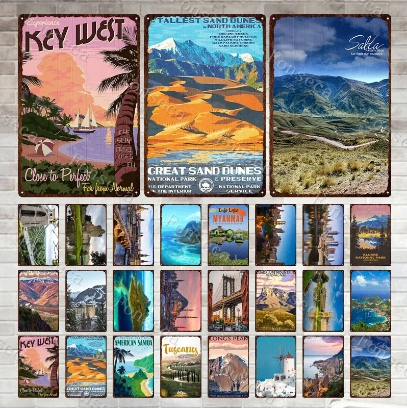 Panneau de peinture artistique de paysage de lac de montagne, plaque métallique rétro, esthétique, décoration murale de salon, affiches, plaque de peinture artistique 30x20cm W03