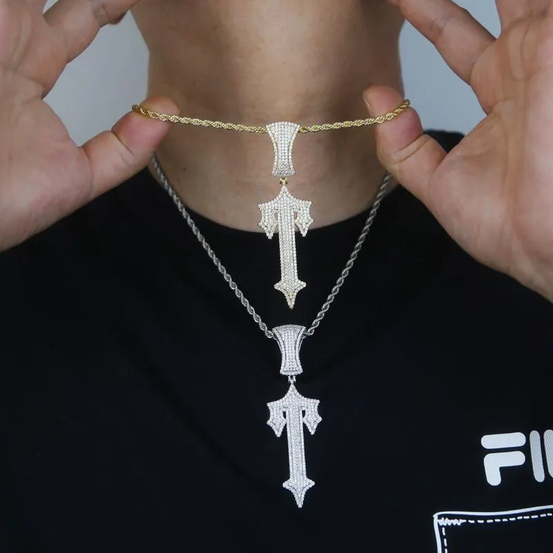 Chains Pendant Necklaces Hip Hop Full Paved Iced Out Bling 5A Cubic Zirconia Letter Charms Cz Cross Sword Pendant Necklace For Men Boy Rock JewelryChains
