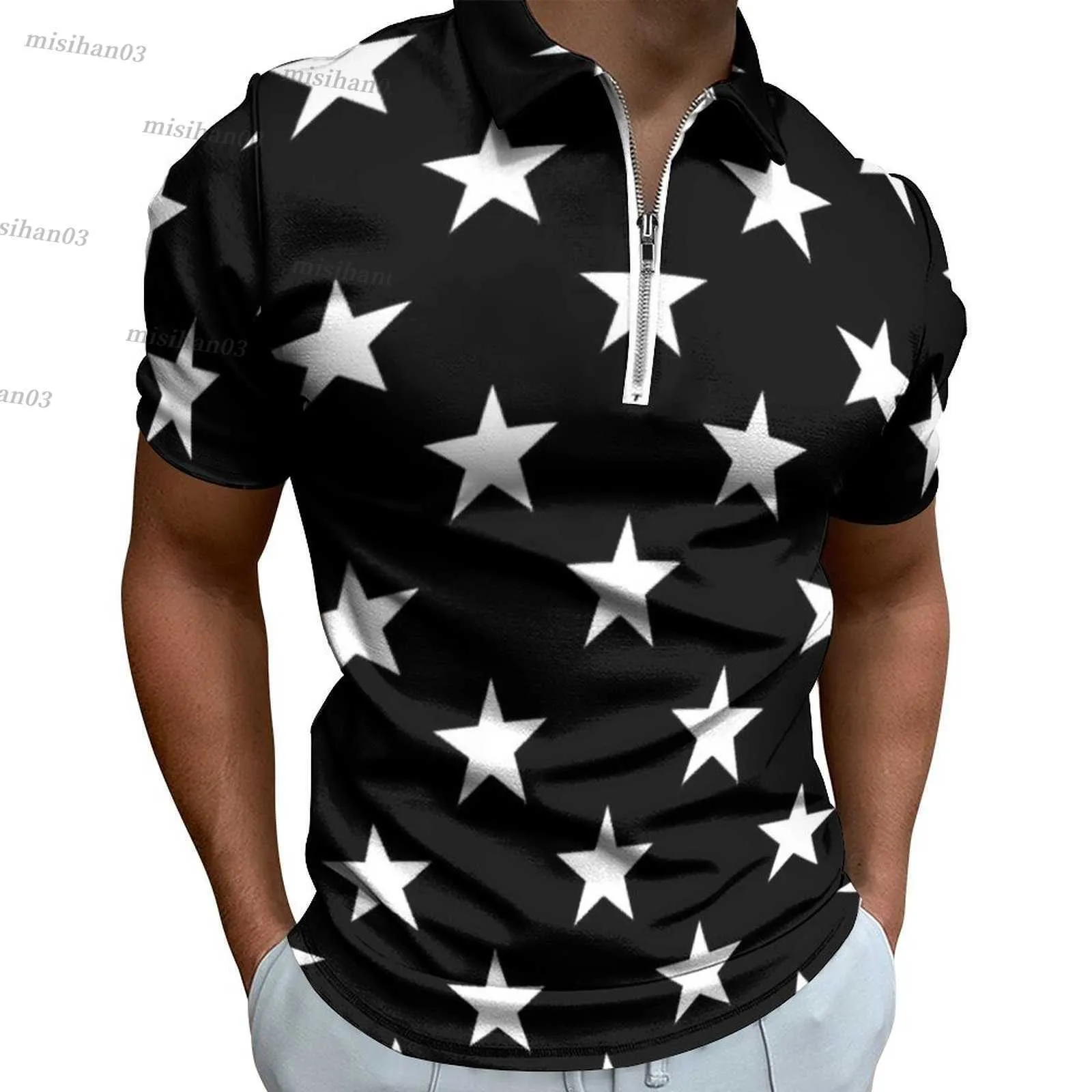 Erkek Polos Siyah Beyaz Yıldız Sıradan Polo Gömlek Modern Modaya Gizli T-S Erkek Kısa Sleeve Tasarım Sokak Tarzı Büyük Boy Giyim Y2303