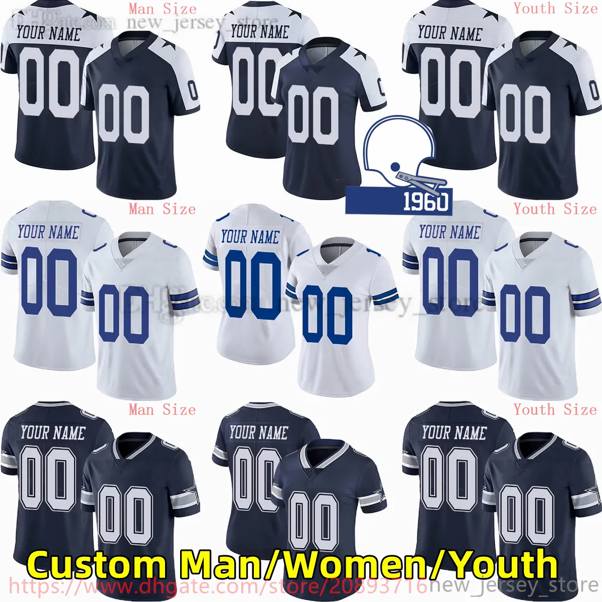 Custom S-6XL NCAA Football Jersey сшитый 4 DakPrescott 21 EzekielElliott 88 CeeDeeLamb 9 JaylonSmith 12 RogerStaubach 13 MichaelGallup 14 AndyDalton Jerseys