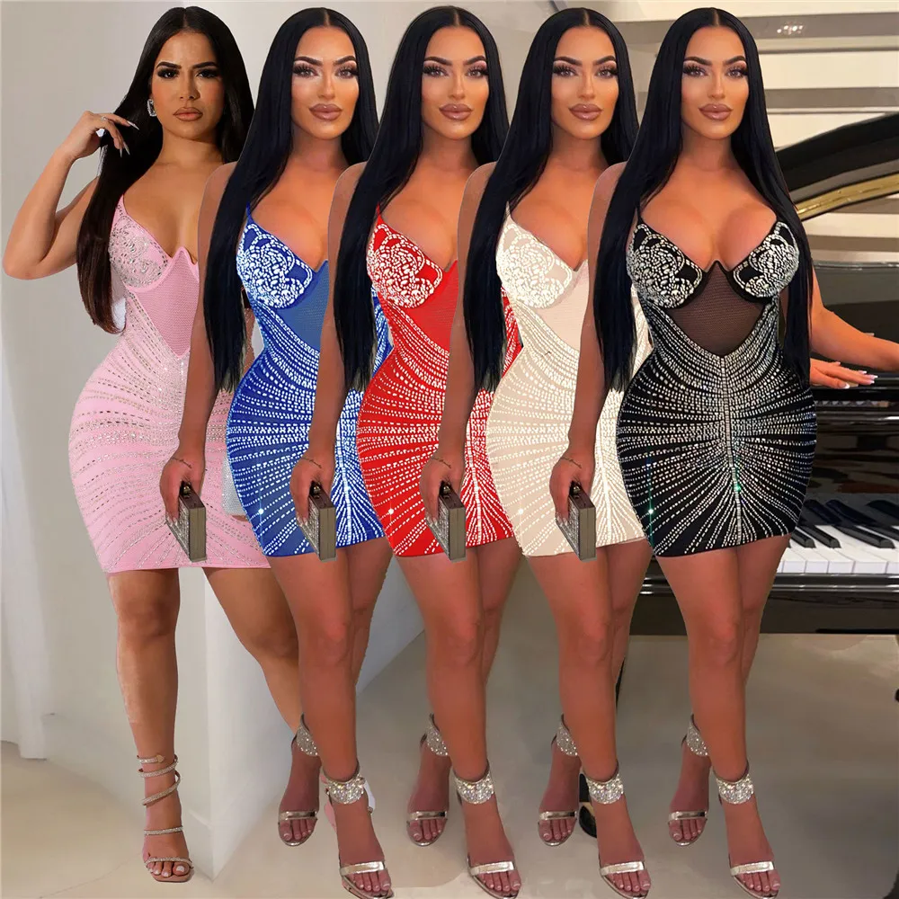 2023 Nieuwe Designer Sexy Strass Diamanten Jurken Vrouwen Luxe Mouwloze V-hals Bodycon Mini Jurk Fashion Night Party Clubwear Groothandel kleding 9613